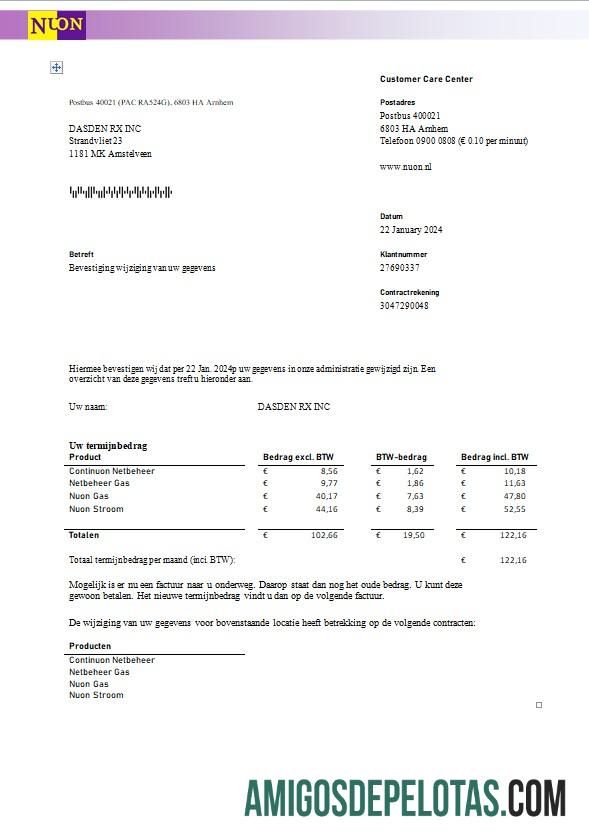 Para baixar modelo de fatura de serviços públicos de gás NUON da Holanda em formato Word e PDF em holandês